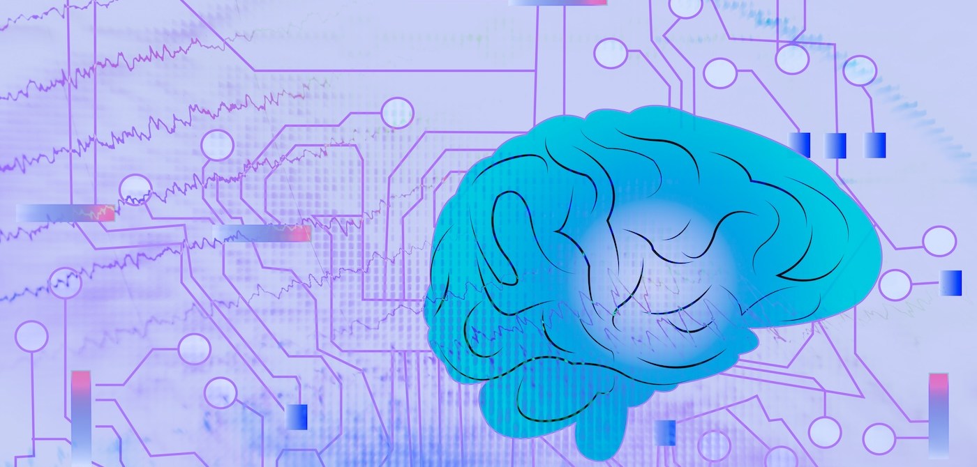 Drawing of a bright blue brain against a purple background filled with technical looking lines, dots, and waves.