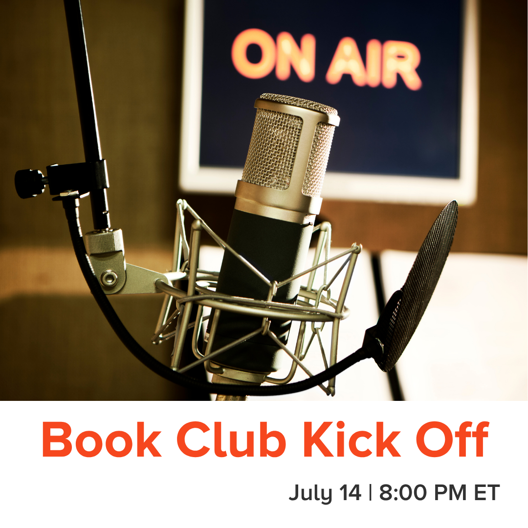 Promotional graphic for a Book Club Kick Off livestream on July 14 at 8:00 PM ET. The image shows a studio microphone with a pop filter, with a lit 'ON AIR' sign visible in the background.