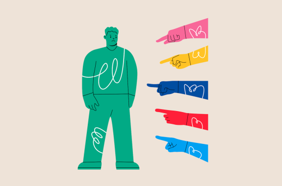 Graphic showing arms of different colors all pointing at one green man who looks sad