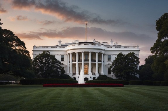 Looking directly at the white house across a dark green lawn with a gray dusky sky.