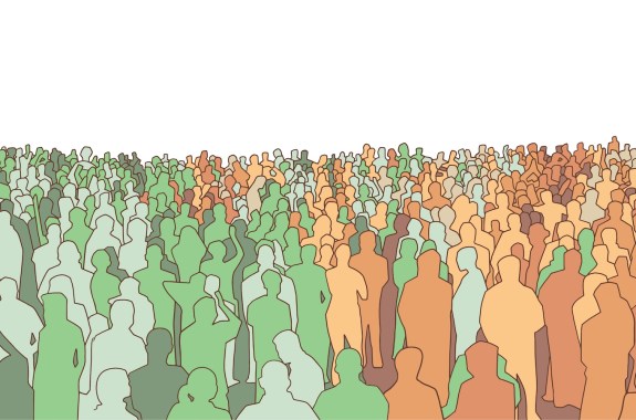 Illustration showing outlines of a crowd of people, alternately shaded green and red