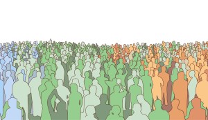 Illustration showing outlines of a crowd of people, alternately shaded blue, green, and red