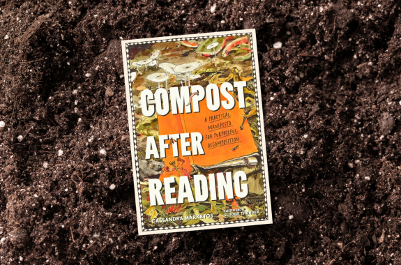 Cover of the book "Compost After Reading" against dark soil