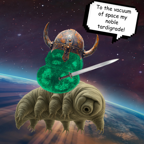 A rendering of Conan the Bacterium or D. radiodurans dressed as the comic book character Conan the Barbarian. 