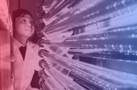 A woman with lab goggles on looks at the ends of several horizontal glass tubes holding algae.