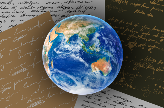 An image of the earth floating against a background of papers with handwriting on them