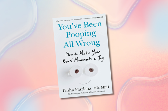 An image of the white cover of the book "you've been pooping all wrong" against a background od soft pink and yellow colors