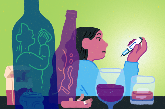 An illustration of a seated person looking a GLP-1 injection. Beer bottles, cocktail glasses, and cigarettes are on the table in the foreground.