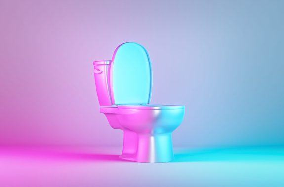 Toilet bowl isolated in vibrant gradient holographic neon colors