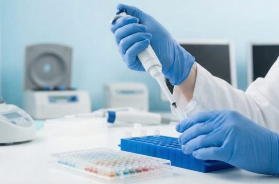 Close-up of hands in blue gloves using an electronic tube shaker for sample collection, with laboratory equipment.