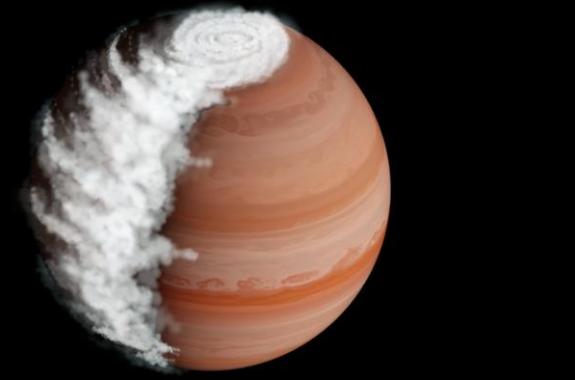 Artistic representation of WASP-94A b, a gas giant in the Microscopium constellation. Clouds build as air flows over the dark side of the planet, reaching a large swell by daybreak. The clouds dissipate on the dayside, leaving clear skies in the early evening.