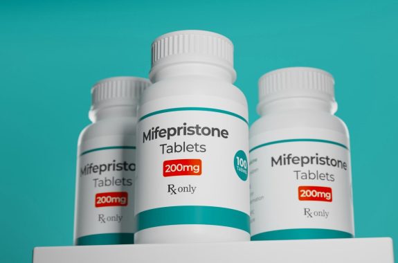 Mifepristone tablets in bottle.