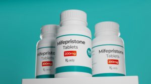 Mifepristone tablets in bottle.