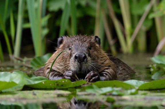 A beaver lying on top of water leaves, resting in its marshy habitat, with a backdrop of dense green foliage.