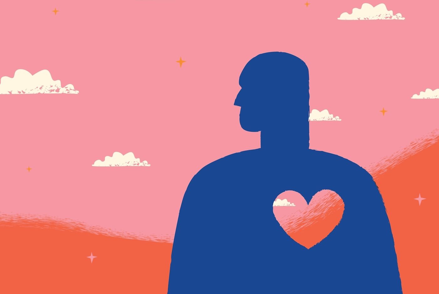 The silhouette of a man with an empty heart against a pink background.