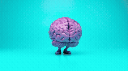 A brain wearing sneakers dances in front of a blue-green background.