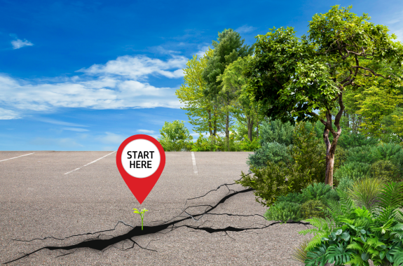 A parking lot with a crack in the asphalt and a sprout growing from it leading to a forest. An arrow labeled Start Here points to the sprout.