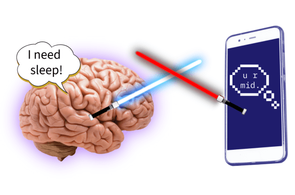 A brain with a speech bubble reading I need sleep battles a phone that has a screen with the words u r mid. Each has a glowing energy sword.