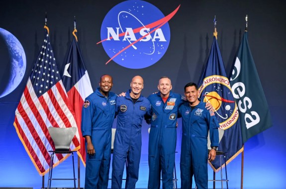 NASA astronaut Andre Douglas, ESA (European Space Agency) astronaut Luca Parmitano, and NASA astronauts Randy Bresnik and Frank Rubio take a photo together on June 9, 2026. The four were announced as the Artemis III crew.