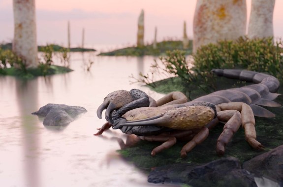Realistic illustration of a giant, dark, low-sitting scorpion at the edge of a pond.