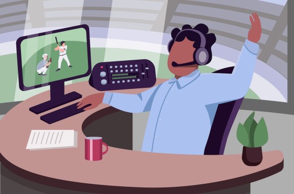 Cartoonish illustration of an announcer with a headset on watching a baseball game with one arm thrown up