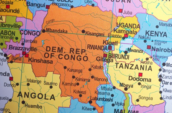 Close-up of a map showing the Democratic Republic of Congo in orange, and surrounding countries in other bright colors.