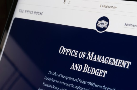 Closeup of the webpage of the Office of Management and Budget (OMB) seen on the White House's website on a computer.