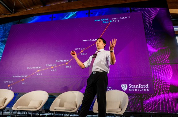 A man in a button up shirt and tie stands on stage in front of a screen that shows a line graph going up with AI platforms correlating with the line.