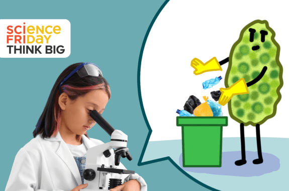 A young girl in a lab coat looks through a microscope. A speech-bubble illustration shows a smiling green algae blob character wearing yellow plastic gloves and throwing plastic trash into a bin.