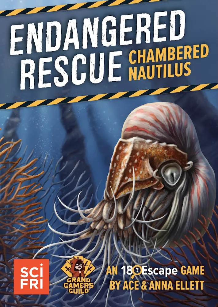 The cover of a game box that reads "Endangered Rescue" and shows a chambered nautilus underwater.