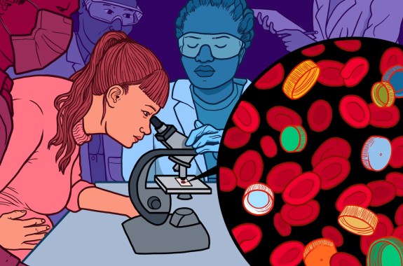 A colorful illustration showing a pregnant woman looking into a microscope while researchers look on. An inset shows the slide has blood cells mixed in with plastic bottle caps