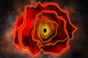 A drawing of red waves surround a glowing black dot in space.