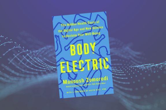 Book cover of "Body Electric: The Hidden Health Costs of the Digital Age and New Science to Reclaim Your Well-Being" on blue abstract background