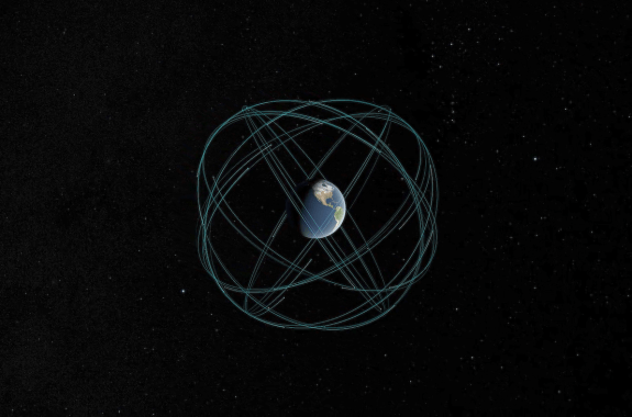 An illustration of earth with blue lines circling around it.