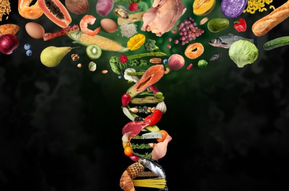 GMO Food science and or Genetically modified foods and crops as engineered agriculture concept as nutrition biotechnology and genetic manipulation through biology sciences as a DNA strand symbol.