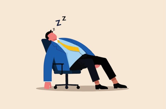 Illustration of a business man in a suit reclined in a desk chair, sleeping