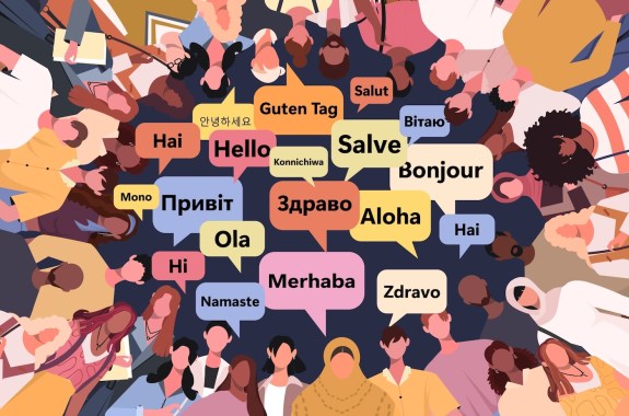 Colorful graphic of a diverse group of people surrounding a cloud of speech bubbles that say "hello" in different languages