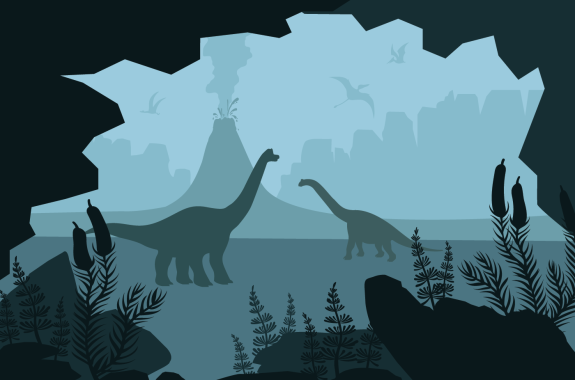 Vector illustration of silhouette of dinosaurs on nature landscape - eruption volcano, cave and prehistoric plants.
