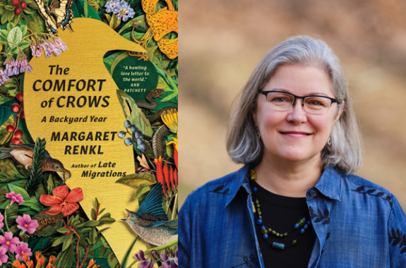 On the left, the cover of The Comfort of Crows which features a gold silhouette of a crow against a background of plants, birds, and insects. On the right, a photo of a smiling, gray-haired woman with glasses wearing a blue button down shirt over a black scoop-neck shirt.