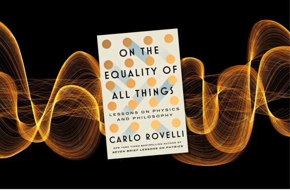 A book cover set against a black background and a swirl of thin, golden lines.