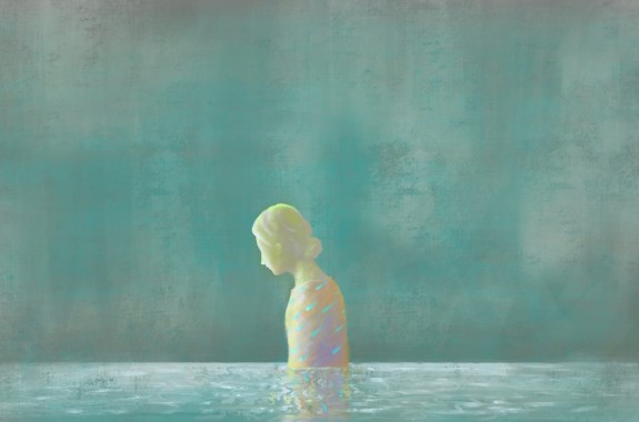 Painting of a woman standing in water looking down, with raindrops on shirt, against greenish background