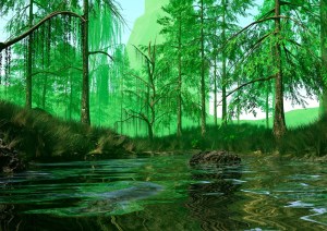 A green Jurassic forest landscape with trees and a small lake.