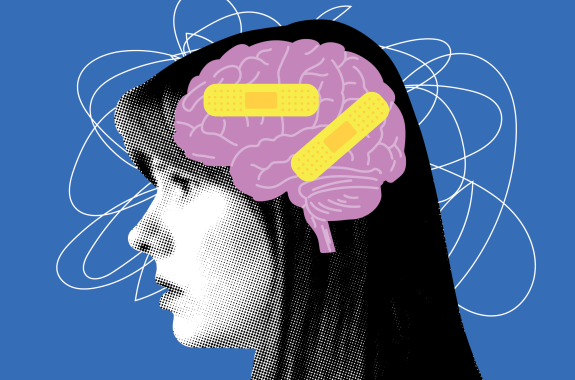 An outline of the brain with bandaids over the head a young woman.