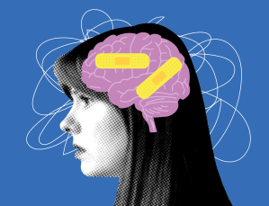 An outline of the brain with bandaids over the head a young woman.