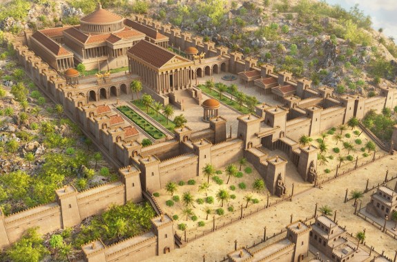 An 3-D rendered illustration of a large, ancient library.