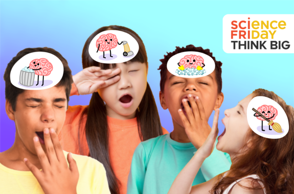 Four kids yawning, each with a cartoon brain illustration over their forehead. The cartoon brains are performing different cleaning tasks, including filling a trash can, vacuuming, washing dishes, and sweeping.